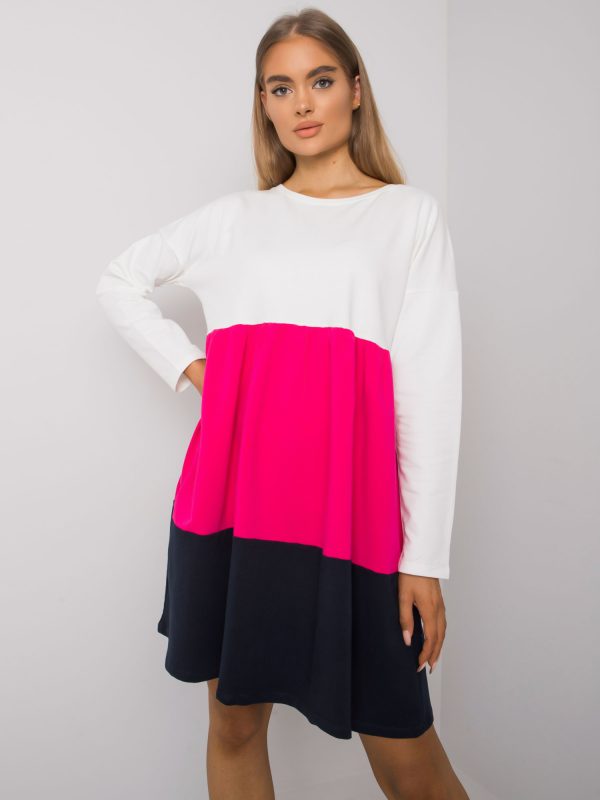 Ecru-fuchsia cotton long sleeve dress Emine RUE PARIS