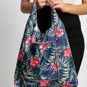 Navy Blue Folding Bag with Vegetable Patterns