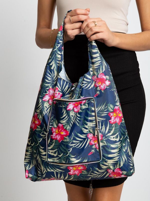 Navy Blue Folding Bag with Vegetable Patterns