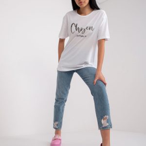 White women's t-shirt with inscription and applique