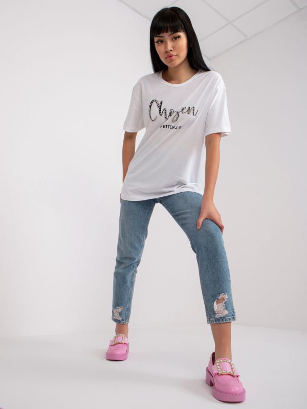 White women's t-shirt with inscription and applique