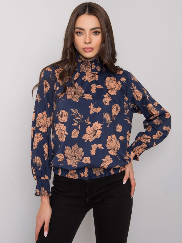 Navy blue camel blouse with flowers by Damika