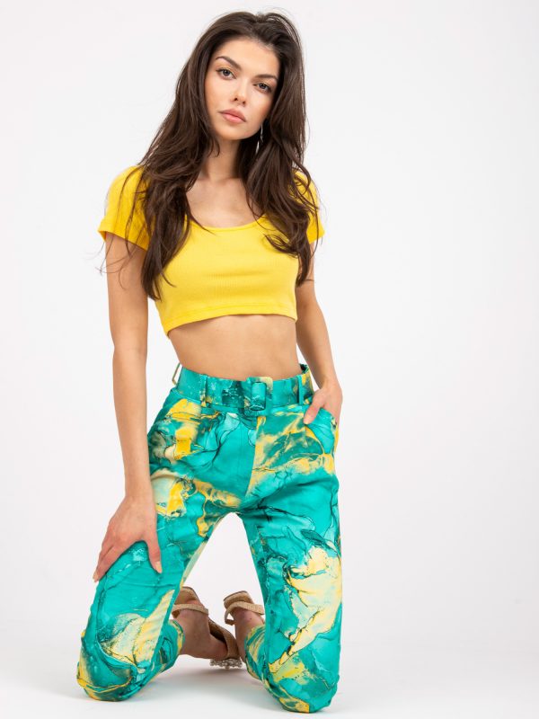 Turquoise fabric trousers with belt