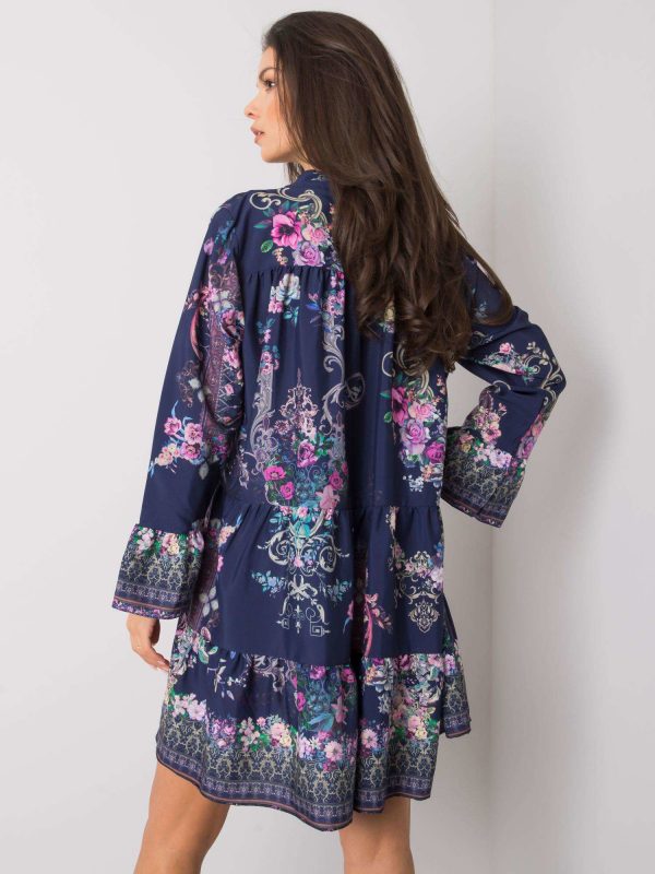 Navy blue patterned dress with flounce Everlee