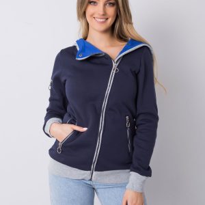 Navy blue long sweatshirt with asymmetrical zipper hood