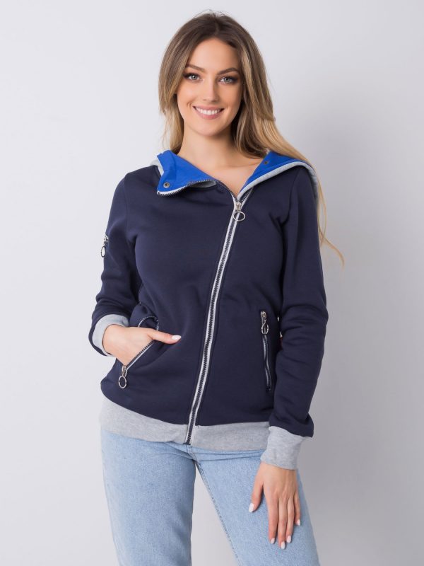 Navy blue long sweatshirt with asymmetrical zipper hood