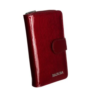 Women's red vertical wallet with BADURA clasp