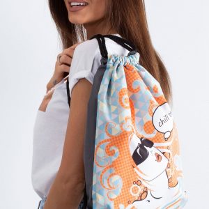 Grey backpack bag with colorful print