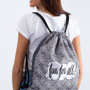 Gray backpack bag with lettering