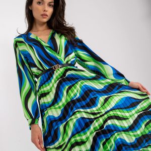 Green and blue pleated dress with prints and belt