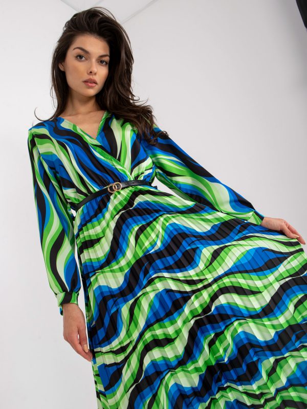 Green and blue pleated dress with prints and belt