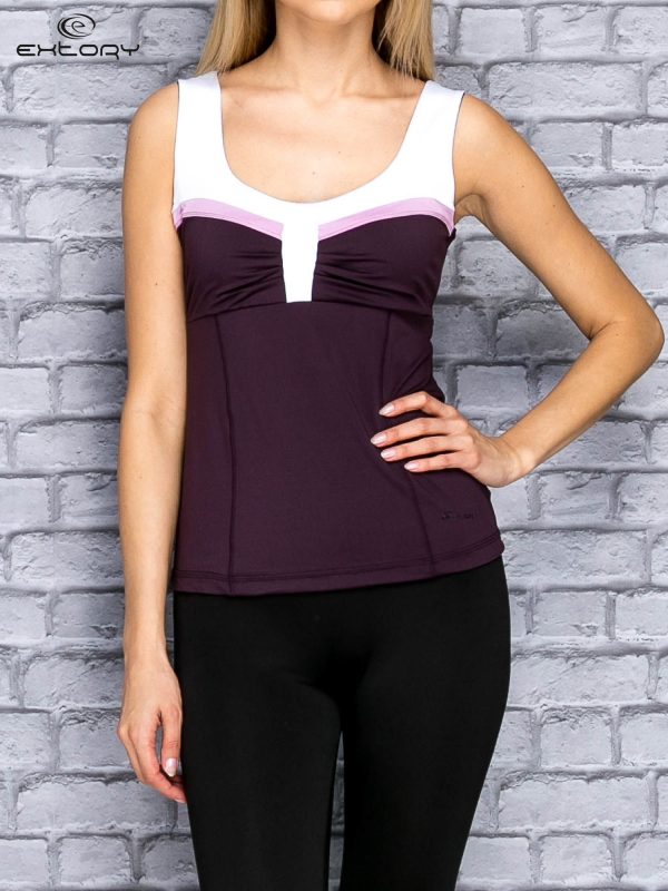 Dark purple sports top with ruched neckline