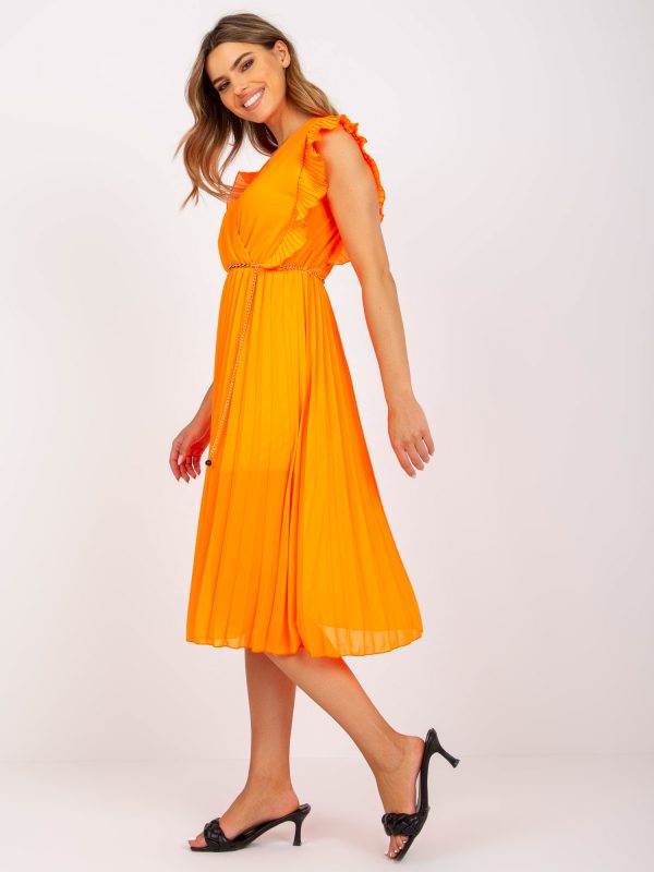 Fluo orange airy midi dress with pleating