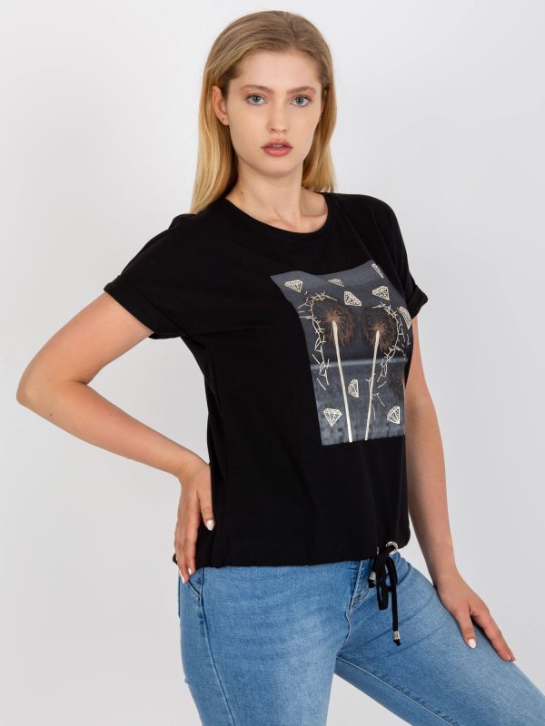 Black Plus Size Cotton T-Shirt with Applique