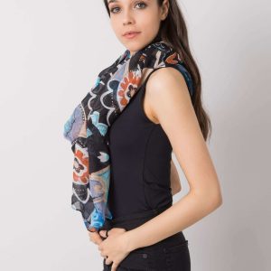 Black and blue scarf with colorful patterns