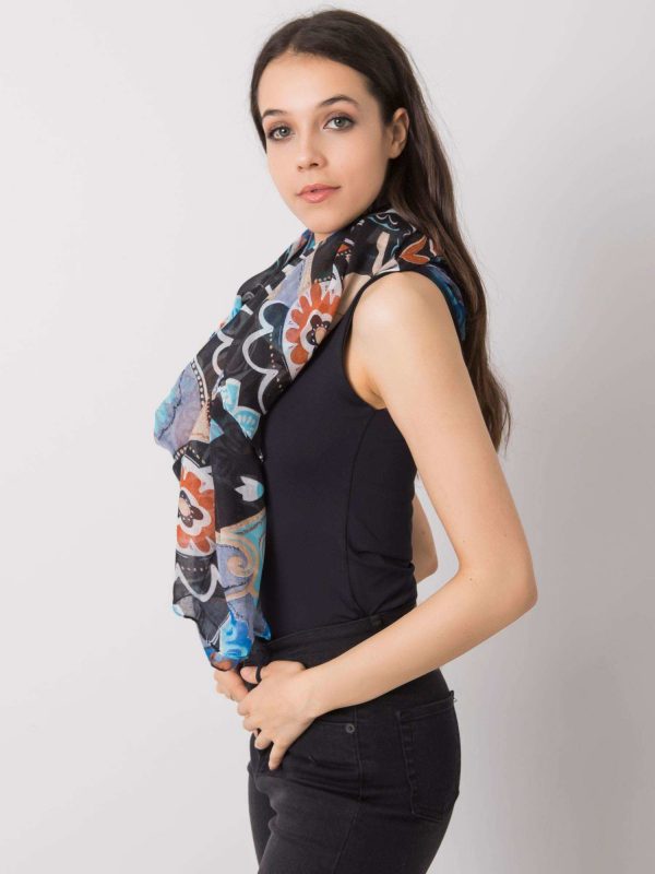 Black and blue scarf with colorful patterns