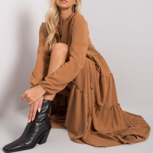 Camel long dress with ruffle Atrani RUE PARIS