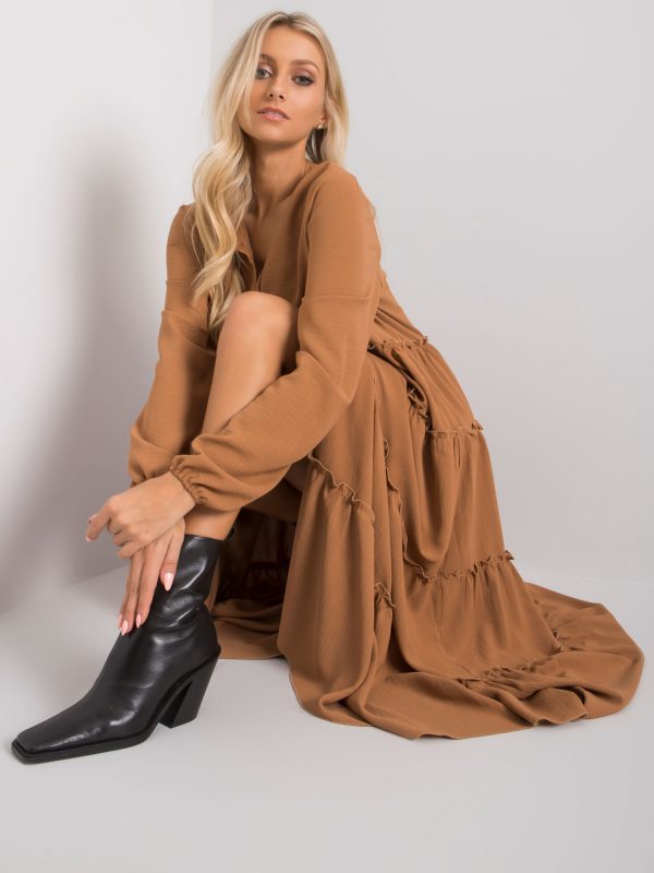 Camel long dress with ruffle Atrani RUE PARIS