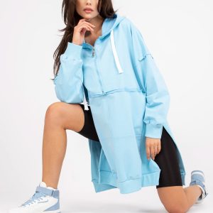 Light Blue Basic Long Hooded Sweatshirt