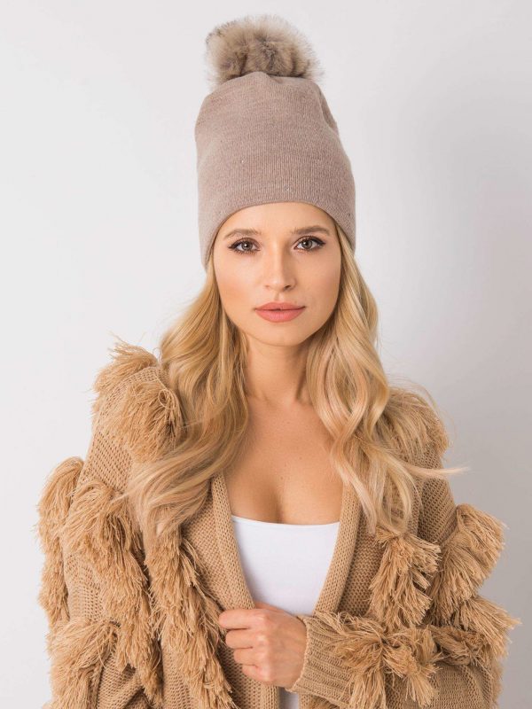 Dark beige insulated hat with pompom