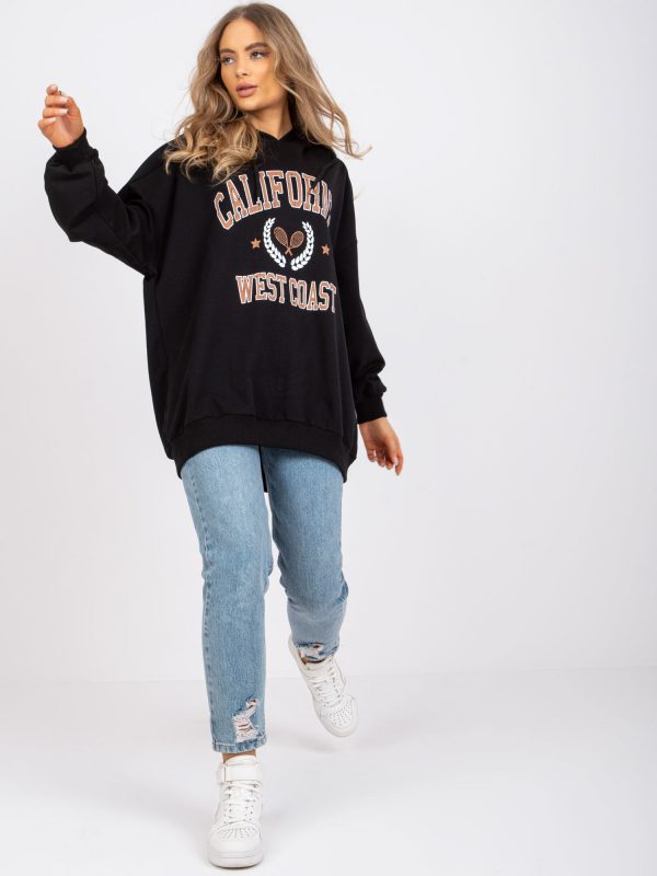 Black oversize long sweatshirt with print and hoodie