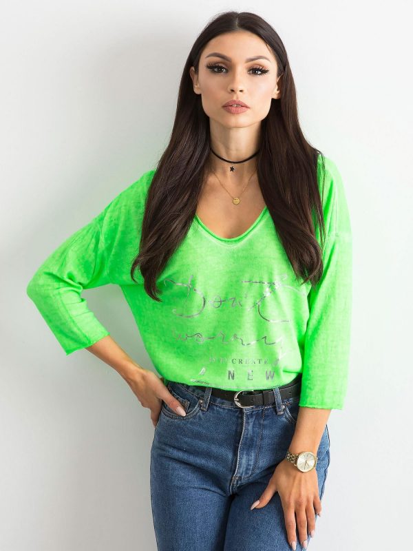 Fluo green V-neck blouse with inscription