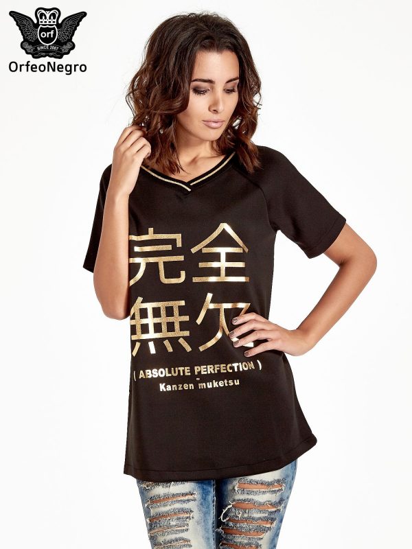 Black glamour sweatshirt with gold Japanese characters