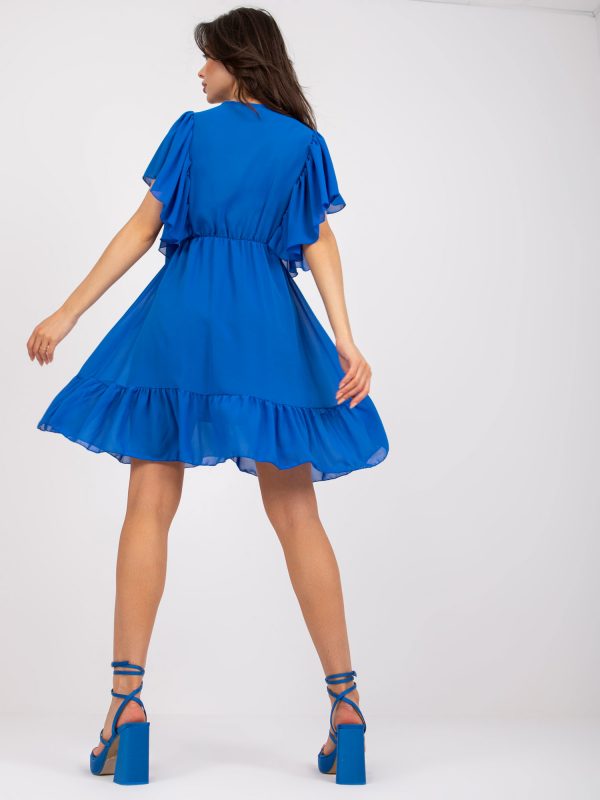 Cobalt dress with flounce and wrap neckline