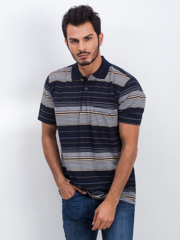 Navy Blue Beige Men's Polo Shirt Turning