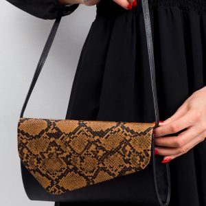 Black and brown clutch bag with snake pattern