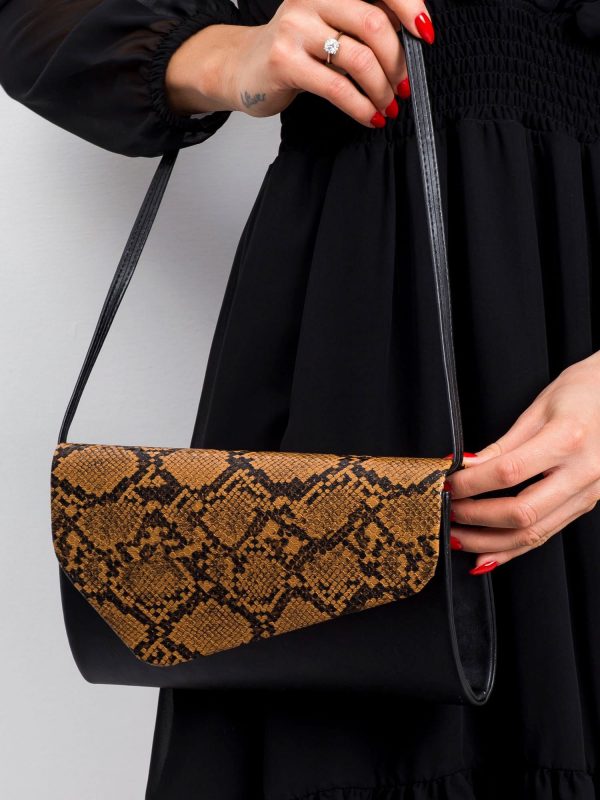 Black and brown clutch bag with snake pattern