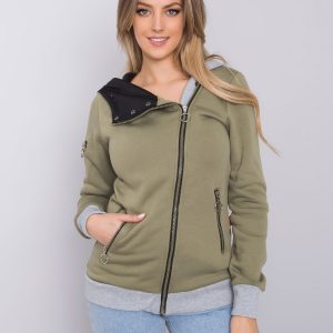 Khaki long sweatshirt with asymmetrical zipper hood