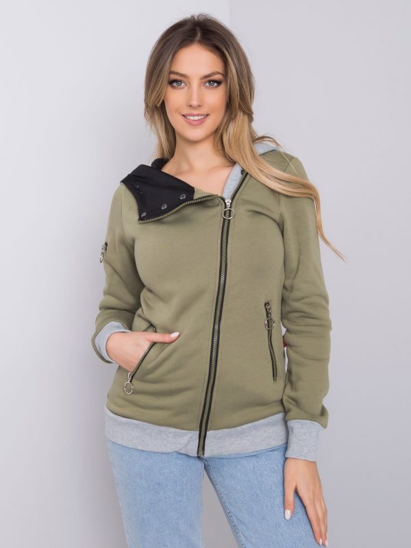 Khaki long sweatshirt with asymmetrical zipper hood