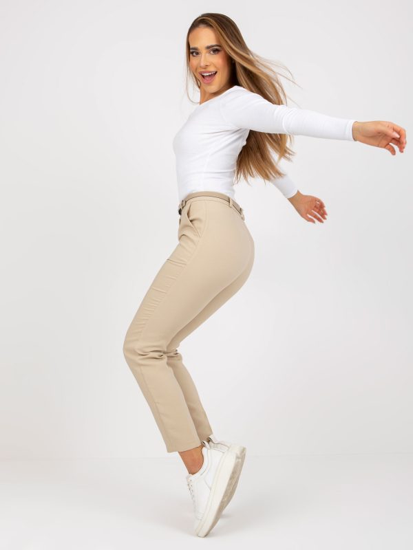 Beige fabric slim fit women's trousers with belt