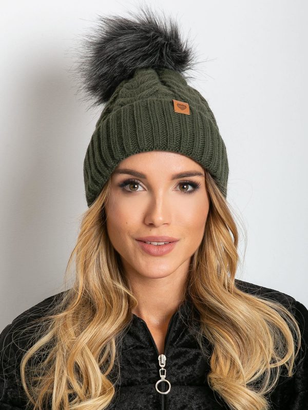 Khaki padded hat with pompom