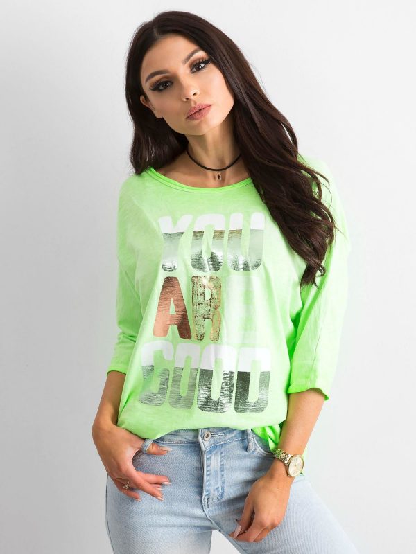 Fluo green blouse with colorful inscription