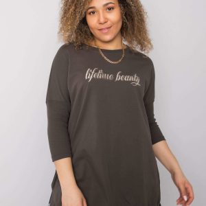 Dark khaki plus size blouse with Beauty inscription