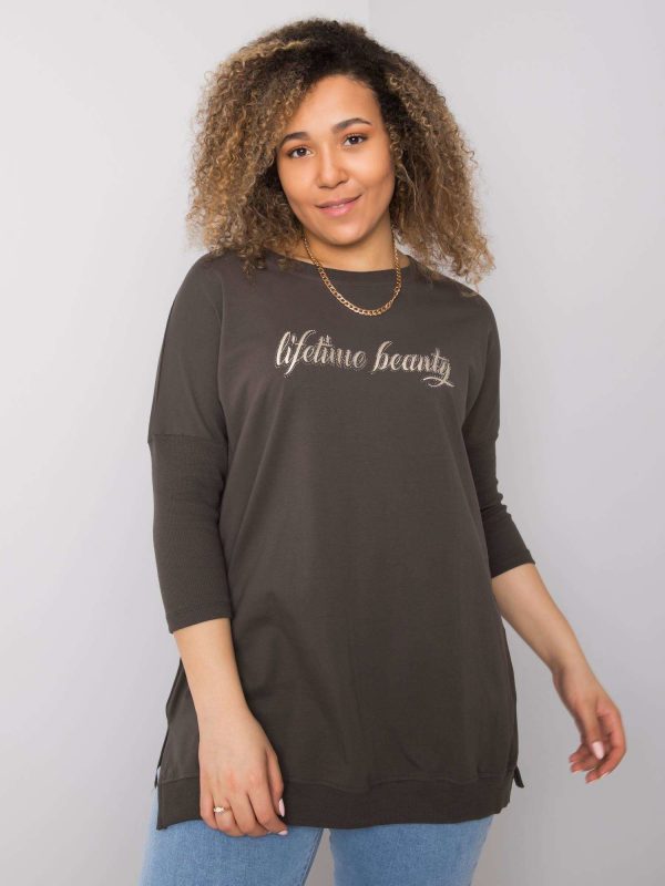 Dark khaki plus size blouse with Beauty inscription