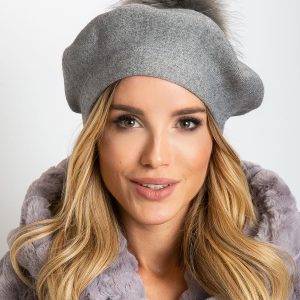 Gray knitted beret with tassel