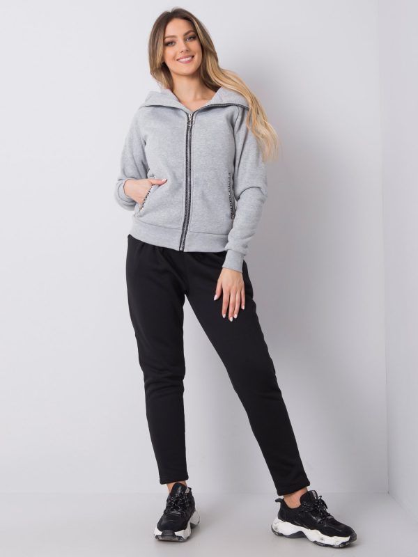 Grey melange casual tracksuit with high fastened hood