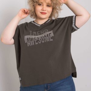 Dark khaki plus size blouse with Billi applique