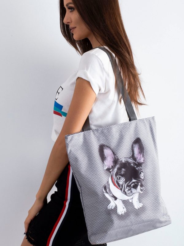 Grey fabric bag with dog