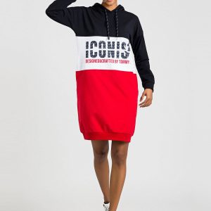 TOMMY LIFE Navy blue and red hooded dress