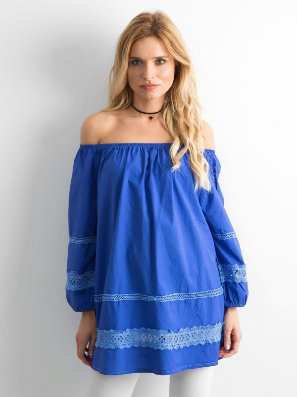 Dark blue cotton tunic with Spanish neckline