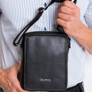 Black Men's Leather Messenger Bag with Flip