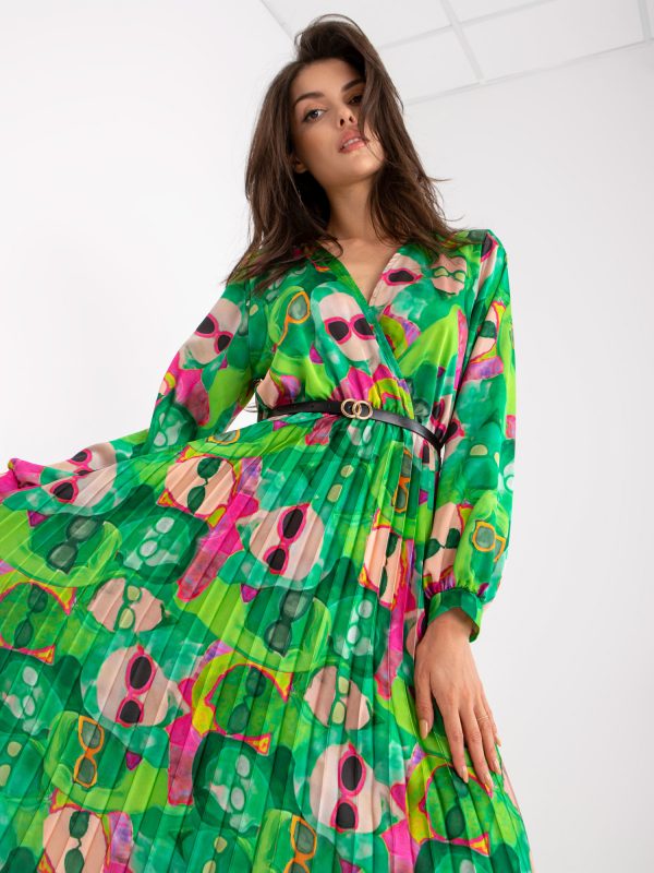 Green Pleated Midi Dress with Prints