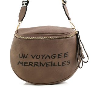 Dark beige handbag with inscription