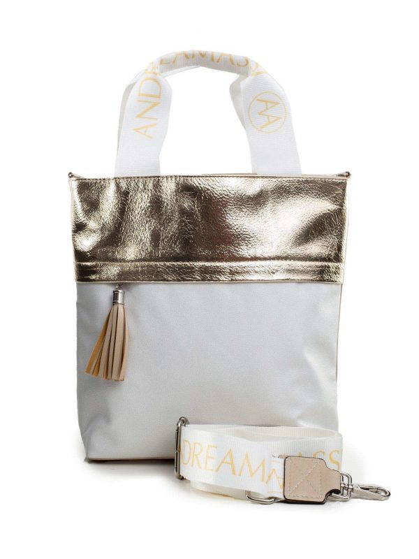 Beige and white bag with detachable strap