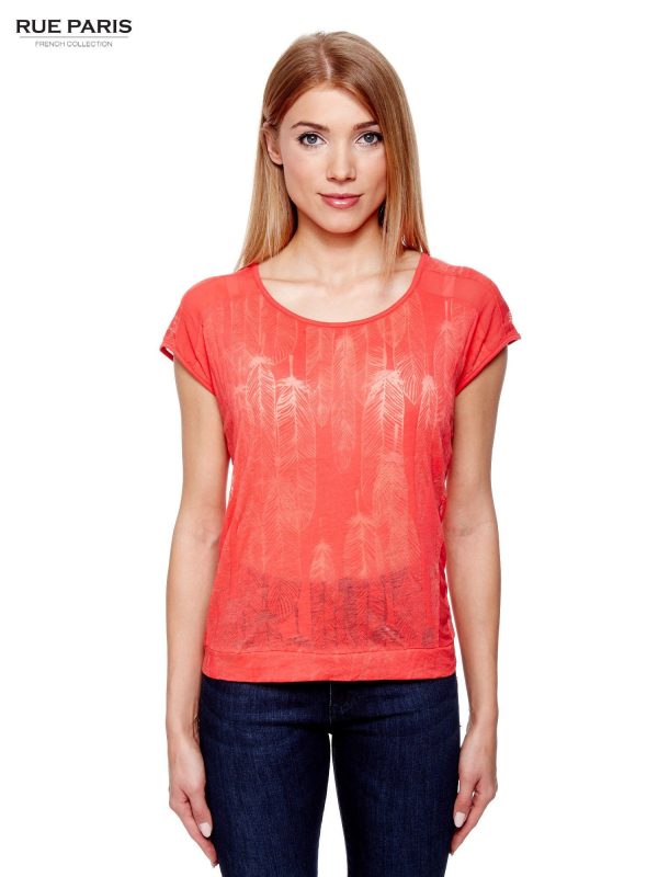 Coral t-shirt with transparent feather print