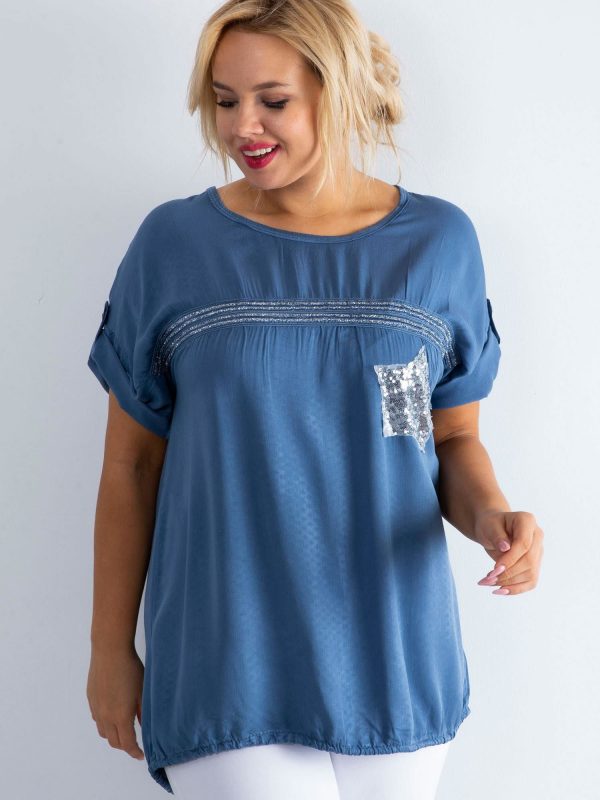 Blue plus size blouse with sequins